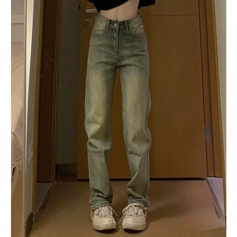 American Street Retro Yellow Mud Dyed Washed Worn Jeans Casual Straight Draping High Street Hip Hop Men's Ins Fashion