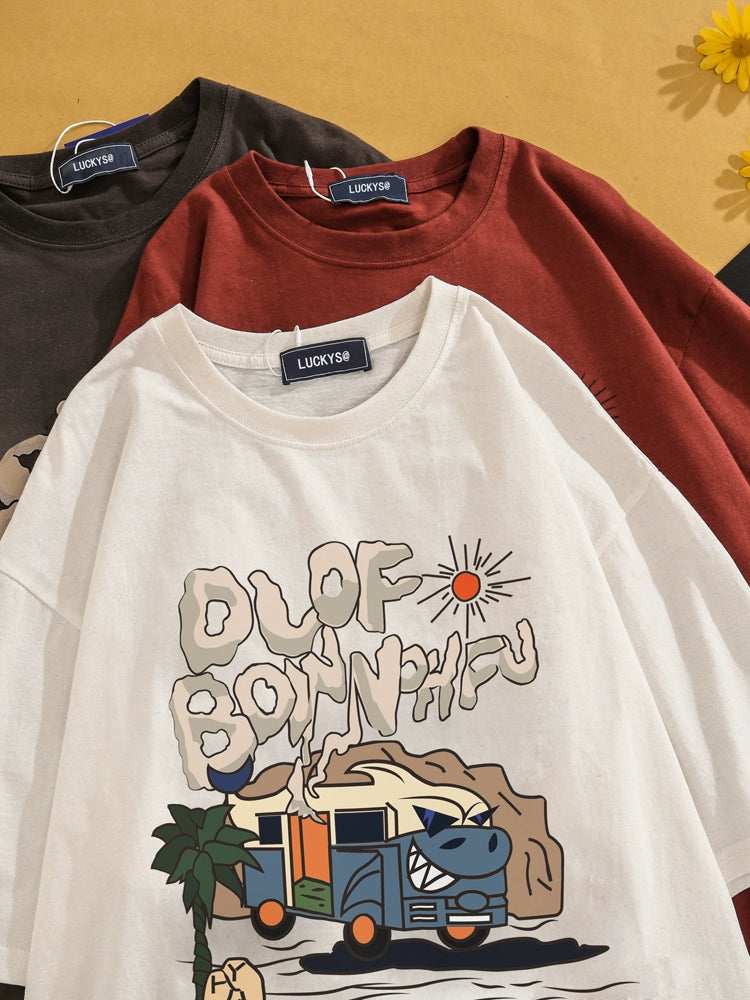 American Retro Ins Trendy Cartoon Short Sleeve T-shirt Boys Summer Loose Hip Hop High Street Couple Clothes Half Sleeve T-shirt