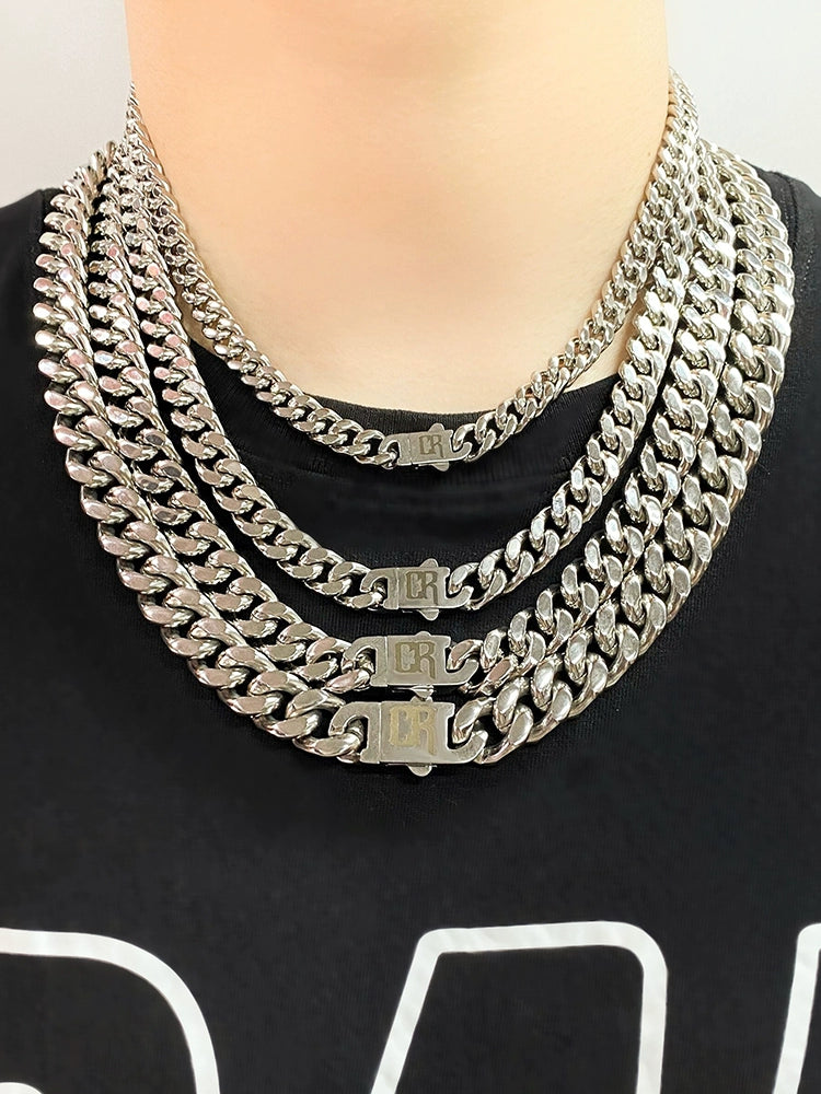 [Same Style with Wang Heyi] Cooraree Encrypted Four-Sided Grinding Cuban Necklace Boys Trend Hip Hop Titanium Steel Necklace